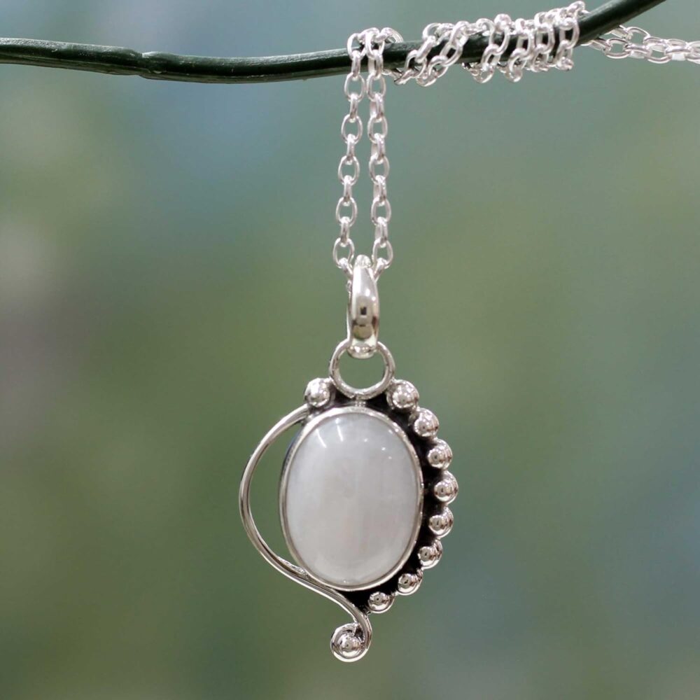 Handmade Rainbow Moonstone Pendant Necklace, Sterling Silver, Clear Indian Paisley - Image 5