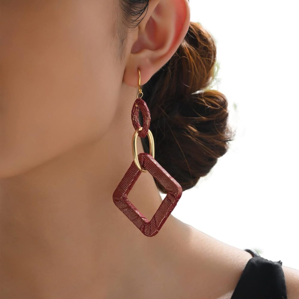 Handmade Earrings, Silk Fabric Wrapped Wine Red Large Boho Loop Earrings for Women, Bohemian Style Exaggerated Square Long Hoop Earrings, Drop And Dangle Earring For Women Girls, Bright, Flamboyant