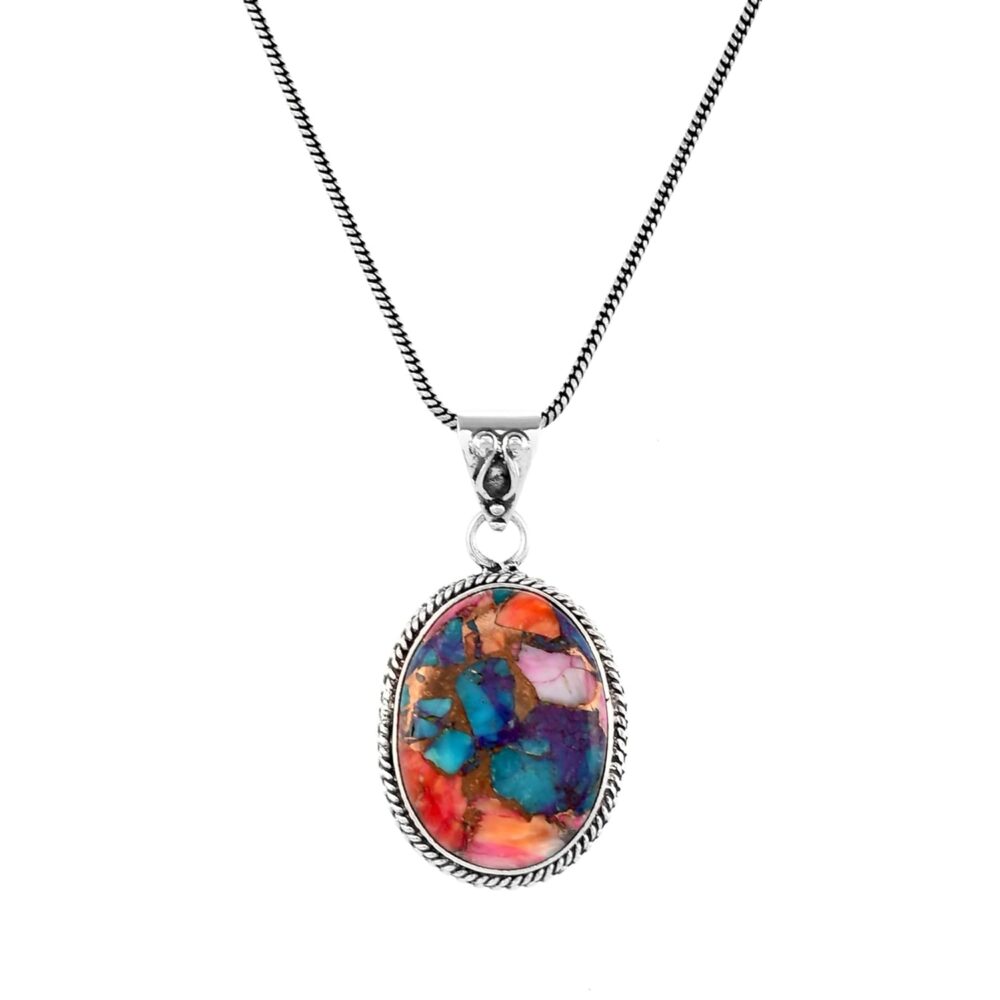 925 Sterling Silver Bohemian Pendant Necklace for Women with Oval Shape Multi Turquoise Gemstone