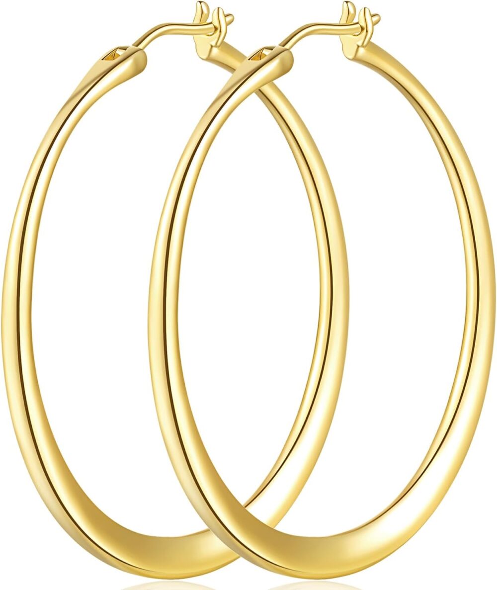 Gold Hoop Earrings for Women 14K Gold Hoop Earrings Flat-Centered Large Women’s Hoop Earrings Gold Earrings for Women 40mm