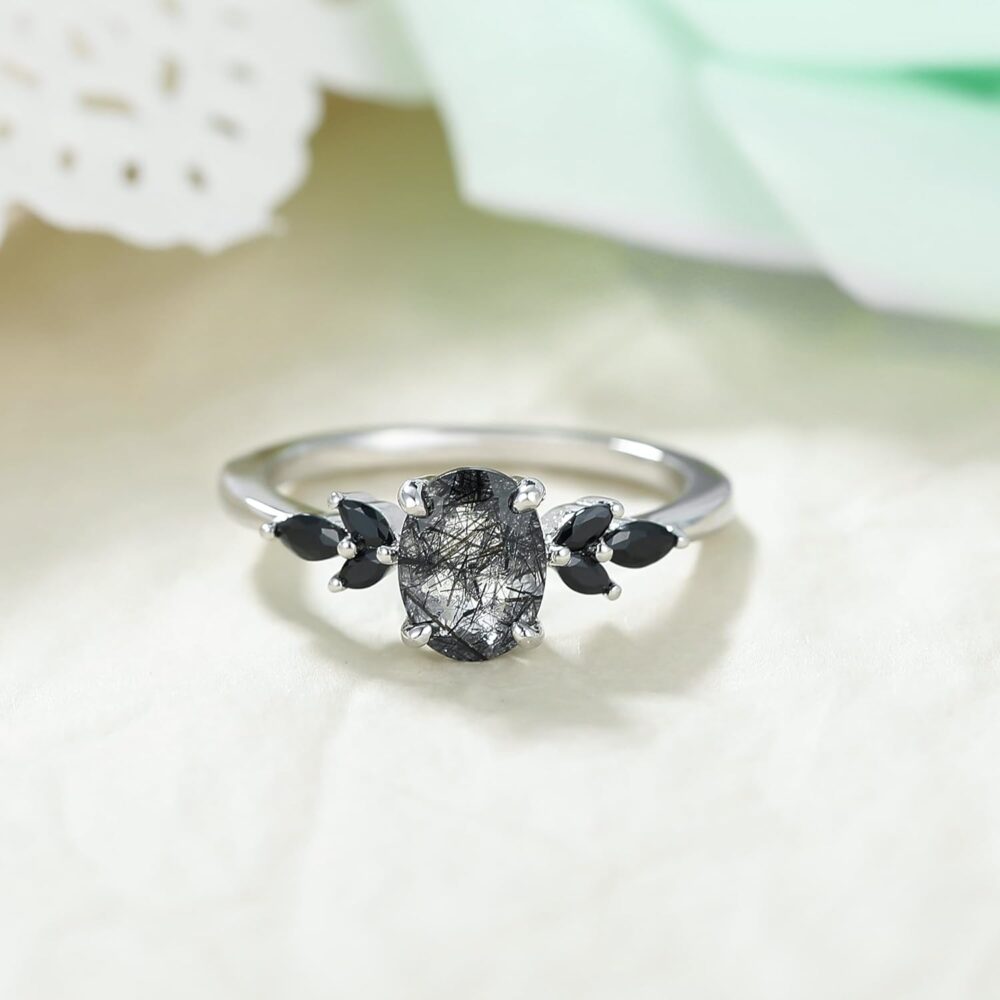 Natural Black Rutilated Quartz Engagement Ring 1.5CT Oval 6x8mm Women's Rings Minimalist Rings Wedding Rings Platinum Plated 925 Sterling Silver Women's Promise Ring. - Image 2