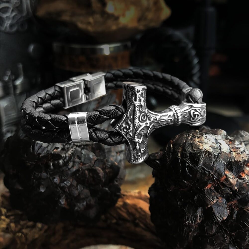 bahamut Viking Thor Hammer Braided Leather Mens Cuff Wristband Bead Rope Bracelet for Men,Norse mythology Pagan Jewelry - Image 3