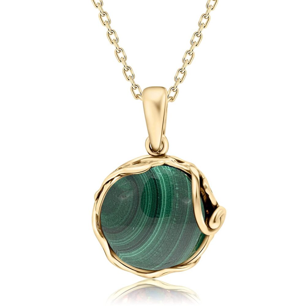 14K Yellow Gold Plated Over 925 Sterling Silver Dark Green Malachite Large Pendant; May Taurus Birthstone Necklace; Unique Jewelry For Women ; Handmade Vintage Style Malachite Necklace For Women