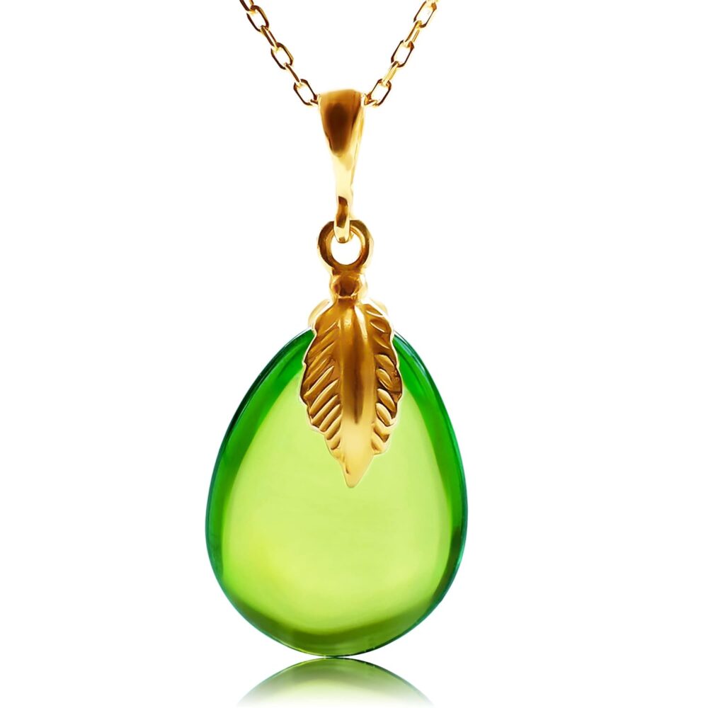 Green Amber Pendant Necklace with 925 Sterling Silver Leaf Figure and 18 inch Chain 18K Gold Plated, Green Amber Necklace for Women, Amber Stone Jewelry, HandMade from Amber (Green Puff)