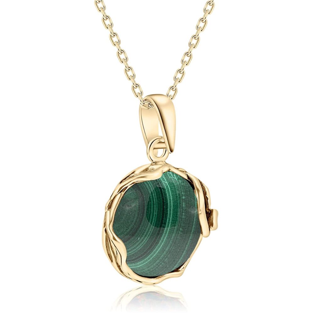 14K Yellow Gold Plated Over 925 Sterling Silver Dark Green Malachite Large Pendant; May Taurus Birthstone Necklace; Unique Jewelry For Women ; Handmade Vintage Style Malachite Necklace For Women - Image 6