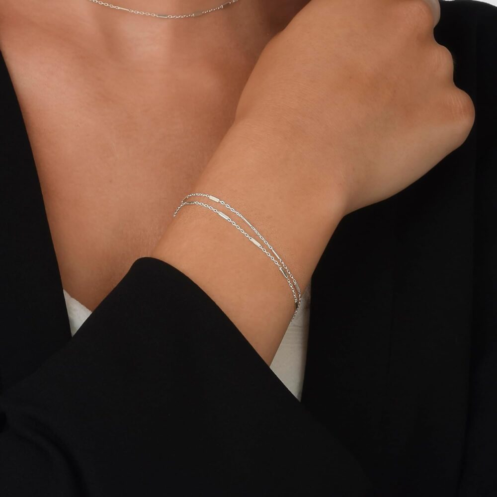 Annika Bella Double Layered Sterling Silver Bracelet, Length 6.5-7.5 Inches, Stranded Satellite Chain Bracelets for Women, Waterproof, Minimalist 925 Women's Bracelet (Satellite Bar Chains) - Image 2