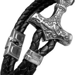 bahamut Viking Thor Hammer Braided Leather Mens Cuff Wristband Bead Rope Bracelet for Men,Norse mythology Pagan Jewelry