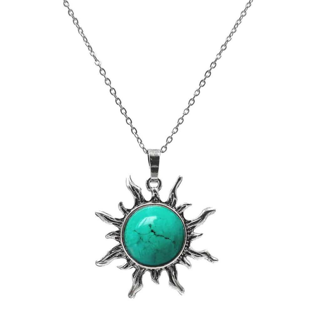 Turquoise Necklace for Women, Boho Sun Pendant Necklace with Stainless Steel Chain, Handmade Spiritual Healing Stone Western Necklace for Women (Green Turquoise)