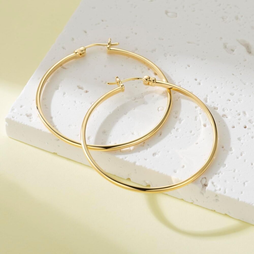 Hoop Earrings 14K Gold Earrings for Women’s Hoop Earrings Minimalist 14K Gold Hoop Earrings for Woman Elegant Large Gold Hoops 45mm*2mm - Image 2