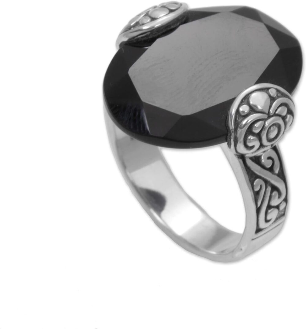 NOVICA Artisan Handmade Onyx Cocktail Ring Oval .925 Sterling Silver from Bali Red Single Stone Indonesia Birthstone 'Mysterious Oval' - Image 4