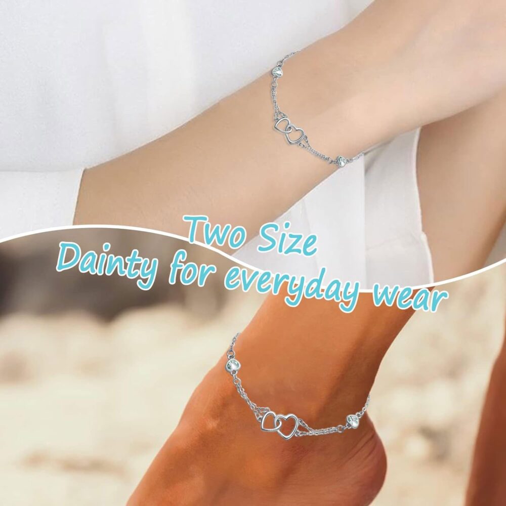 Dorunmo Anklet/Bracelet for Women 925 Sterling Silver Birthstone Jewelry Cubic Zirconia Double Heart Chain Gifts for Mom Wife Friend Bride Valentine's Day Christmas Birthday Mother's Day Gift - Image 5