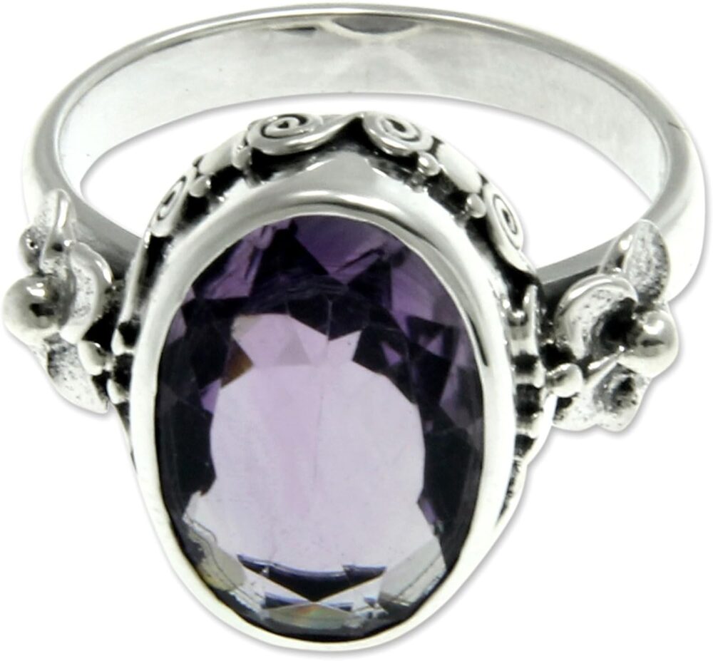 NOVICA Artisan Handmade Amethyst Solitaire Ring Floral Sterling Silver Purple Single Stone Indonesia Mauve Mist Birthstone [crownbezel 0.6 in L x 0.4 in W x 0.2 in H Band Width 3 mm W] ' - Image 2