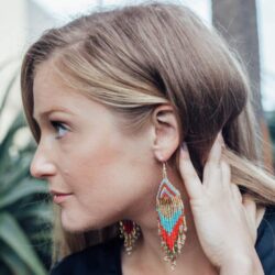 Handmade Artisan Dangle Fringe Earrings, Long Seed Bead Turquoise, Red - Image 3