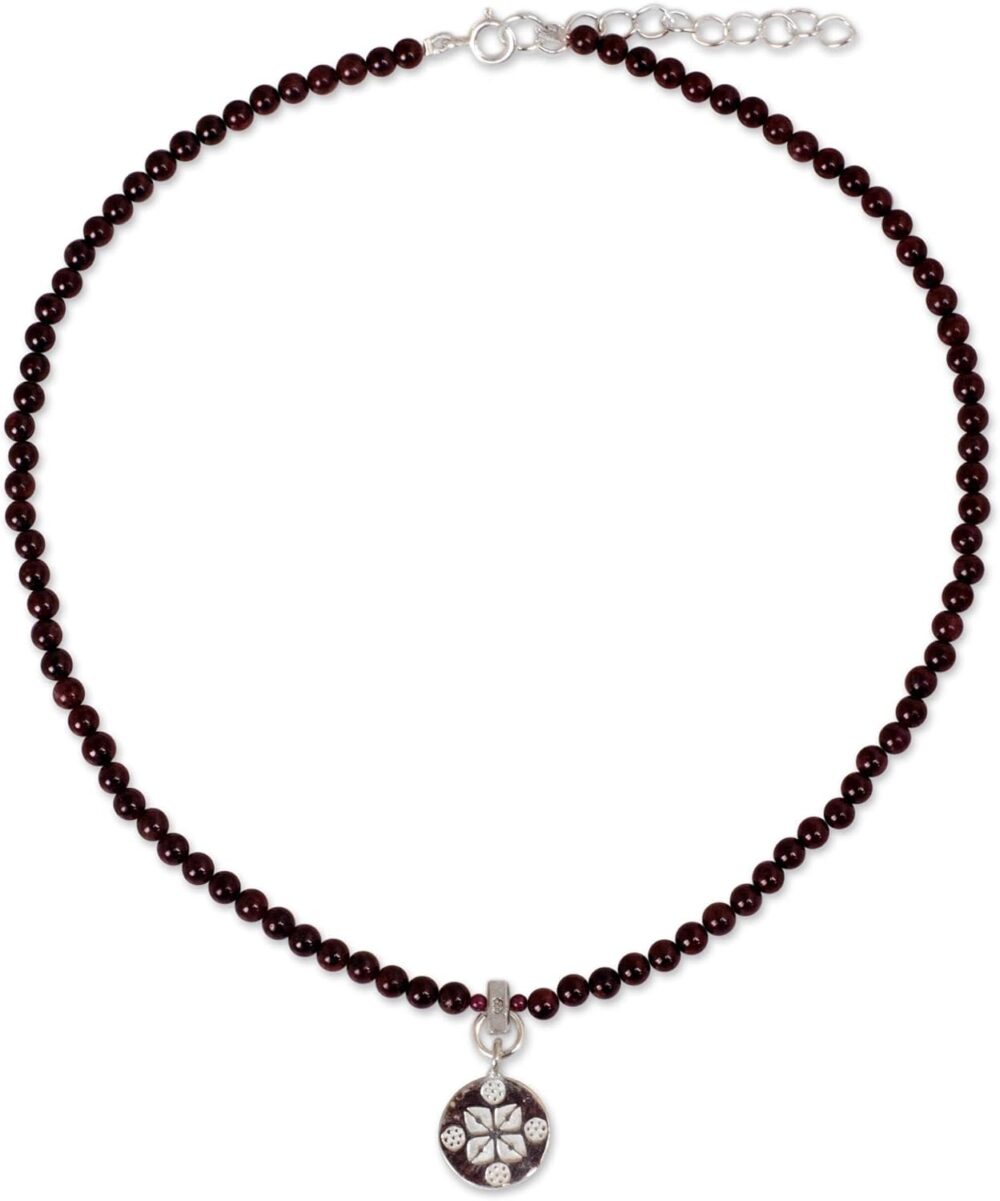 Handmade Garnet Pendant Necklace | Sterling Silver Choker | Red Beaded Thailand Birthstone