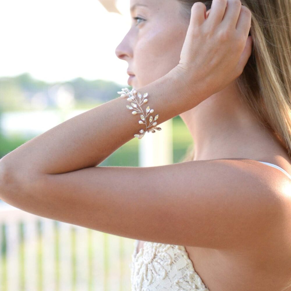 Mariell Bridal and Wedding Silver Bracelet with Crystal Gems and Freshwater Pearls, Fits 7" to 8 ½" Wrist - Image 4