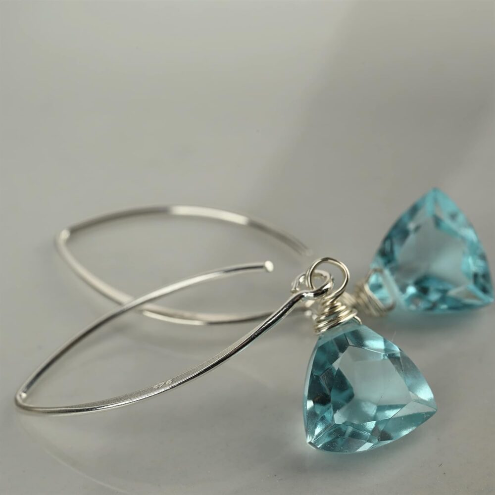 Handmade Dangle Earrings for Women - Aquamarine Blue Quartz Sterling Silver Earrings in Gift Box - Sparkly Blue Quartz Trillion - Lightweight Dangling Earrings - Trendy Long Dangly Drop Earrings - Image 3