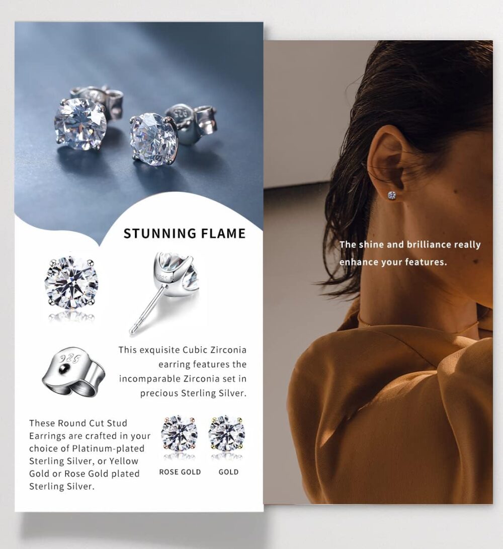 "STUNNING FLAME" Solid 14K Gold Post & Sterling Silver Round Cut Cubic-Zirconia Stud CZ Earrings | Hypoallergenic & Nickle Free Jewelry - Image 8