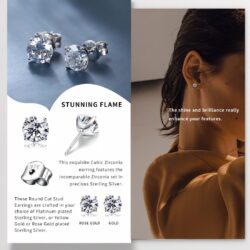 "STUNNING FLAME" Solid 14K Gold Post & Sterling Silver Round Cut Cubic-Zirconia Stud CZ Earrings | Hypoallergenic & Nickle Free Jewelry - Image 8