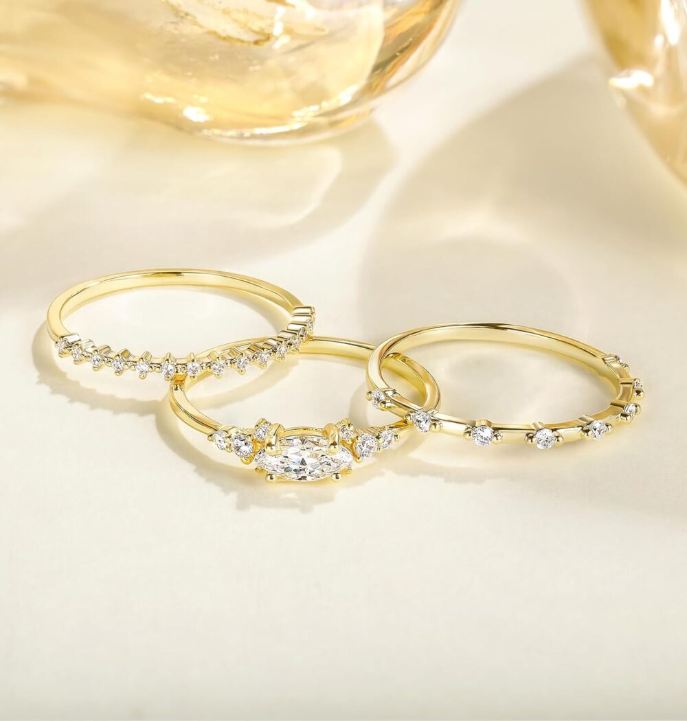 TIGRADE 1.5mm 14K Gold Plated Stacking Rings for Women Girls Fashion Knuckle Thin Gold Ring Marquise & Round Cubic Zirconia Statement Ring Size 3-13 1PC/3PCS - Image 2