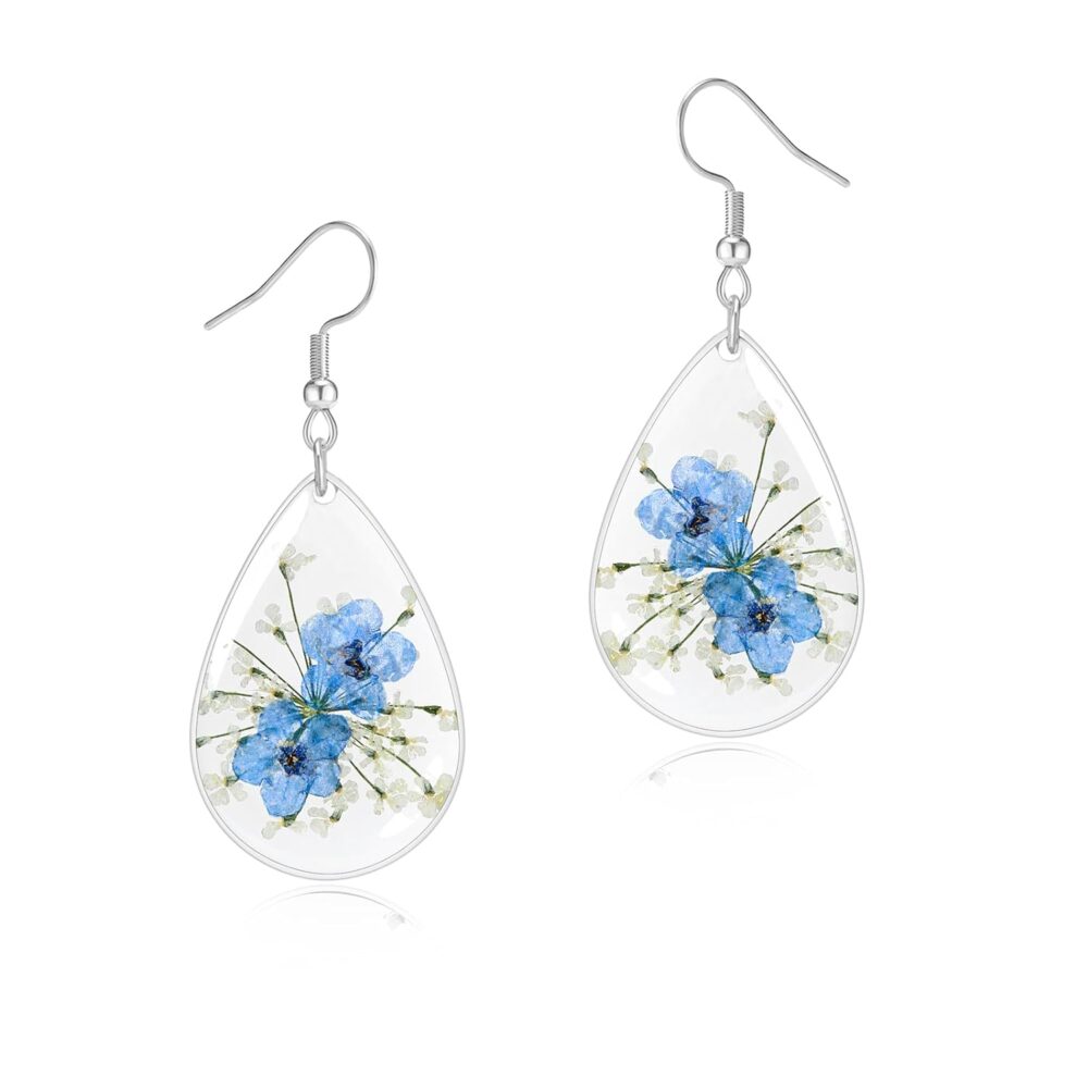 Jayden Forget-Me-Not and Queen Anne's Lace Pressed Flower Earrings,Unique,Personalized Earrings, Bohemian earrings, Drop Dangle Earring For Women Girls, a great gift - Silver