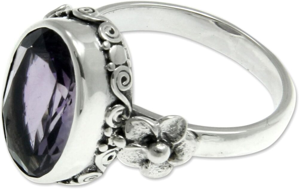 NOVICA Artisan Handmade Amethyst Solitaire Ring Floral Sterling Silver Purple Single Stone Indonesia Mauve Mist Birthstone [crownbezel 0.6 in L x 0.4 in W x 0.2 in H Band Width 3 mm W] '