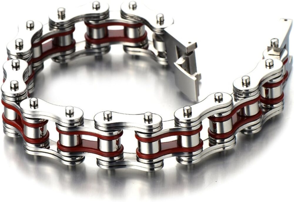 COOLSTEELANDBEYOND Masculine Mens Bike Chain Bracelet of Stainless Steel Silver Red Two-tone High Polished - Image 2