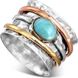 Boho-Magic 925 Sterling Silver Spinner Larimar Ring for Women with Copper and Brass Fidget Rings Bands