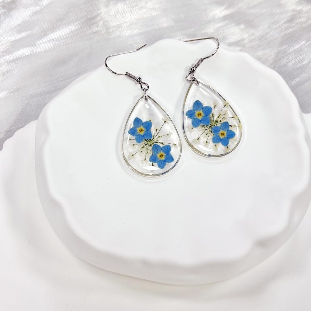 Jayden Forget-Me-Not and Queen Anne's Lace Pressed Flower Earrings,Unique,Personalized Earrings, Bohemian earrings, Drop Dangle Earring For Women Girls, a great gift - Silver - Image 2