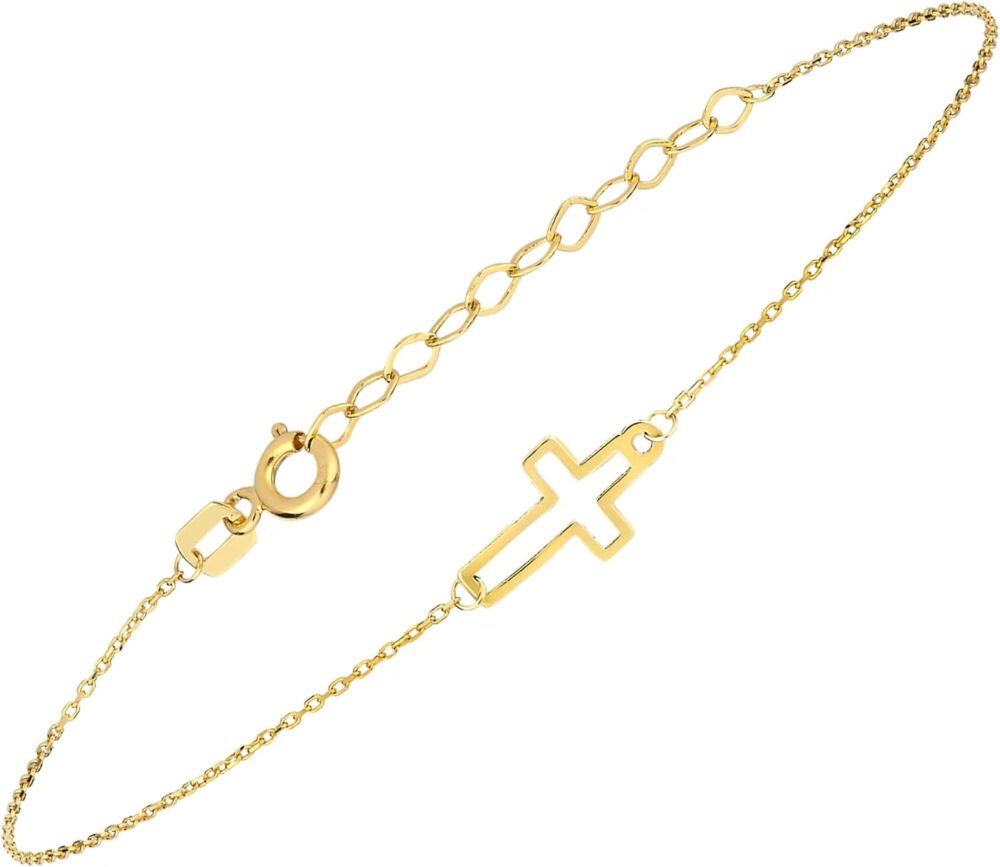 MIONZA Jewelry 14k Solid Gold Cross Bracelet for Women, Teen Girls, Baby | Real Gold Sideways Adjustable Cross Bracelet | Gold Plated Bracelet for Women | Christian Baptism Gift