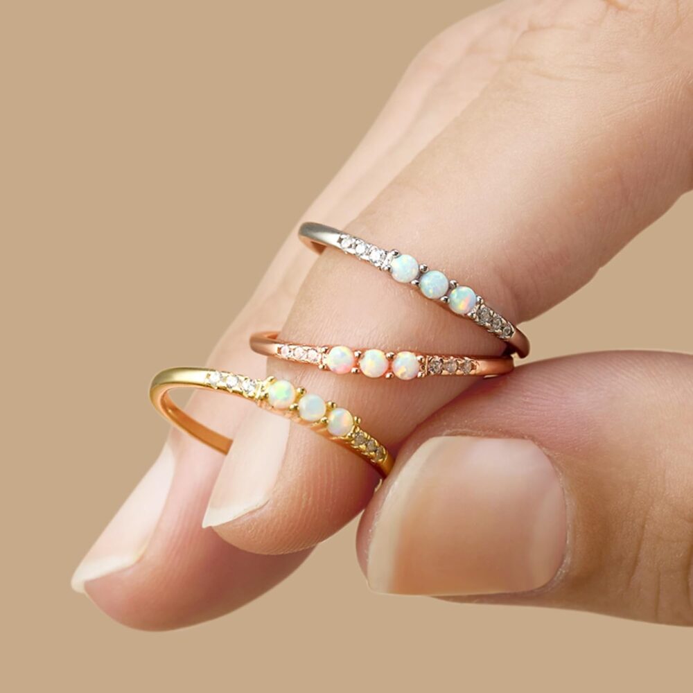 AFFY Dainty Stackable Opal Promise Ring Band in 14K Gold Over Sterling Silver, Mother's Day Jewelry Gift For Her - Image 2