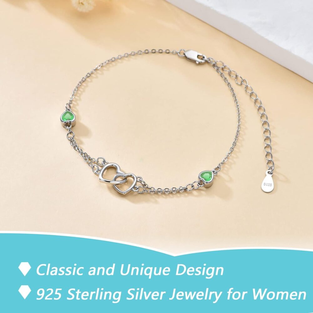 Dorunmo Anklet/Bracelet for Women 925 Sterling Silver Birthstone Jewelry Cubic Zirconia Double Heart Chain Gifts for Mom Wife Friend Bride Valentine's Day Christmas Birthday Mother's Day Gift - Image 5