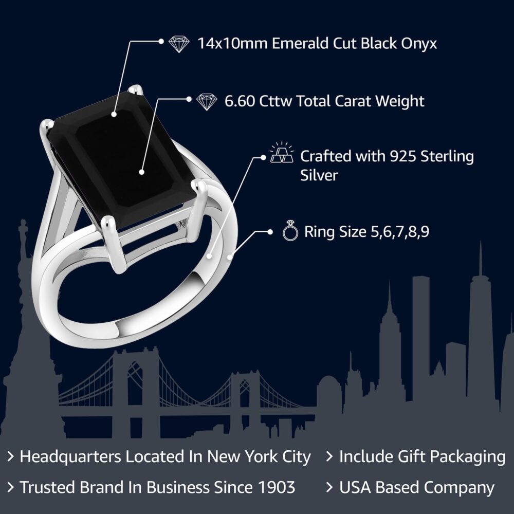 Gem Stone King 925 Sterling Silver Black Onyx Solitaire Ring For Women (6.60 Cttw, Emerald Cut 14X10MM, Gemstone Birthstone, Available In Size 5, 6, 7, 8, 9) - Image 2