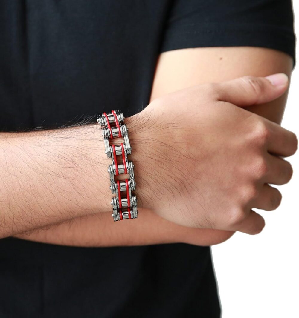 COOLSTEELANDBEYOND Masculine Mens Bike Chain Bracelet of Stainless Steel Silver Red Two-tone High Polished - Image 5