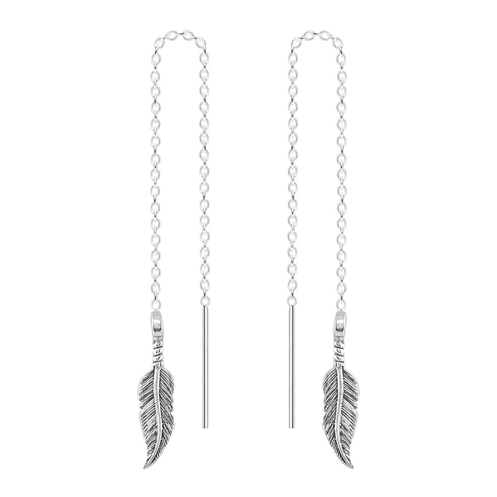 Threader Chain Earrings in 925 Sterling Silver | Thread Through Jewelry for Women and Girls | Multiple Designs Available (Bohemian Feathers)