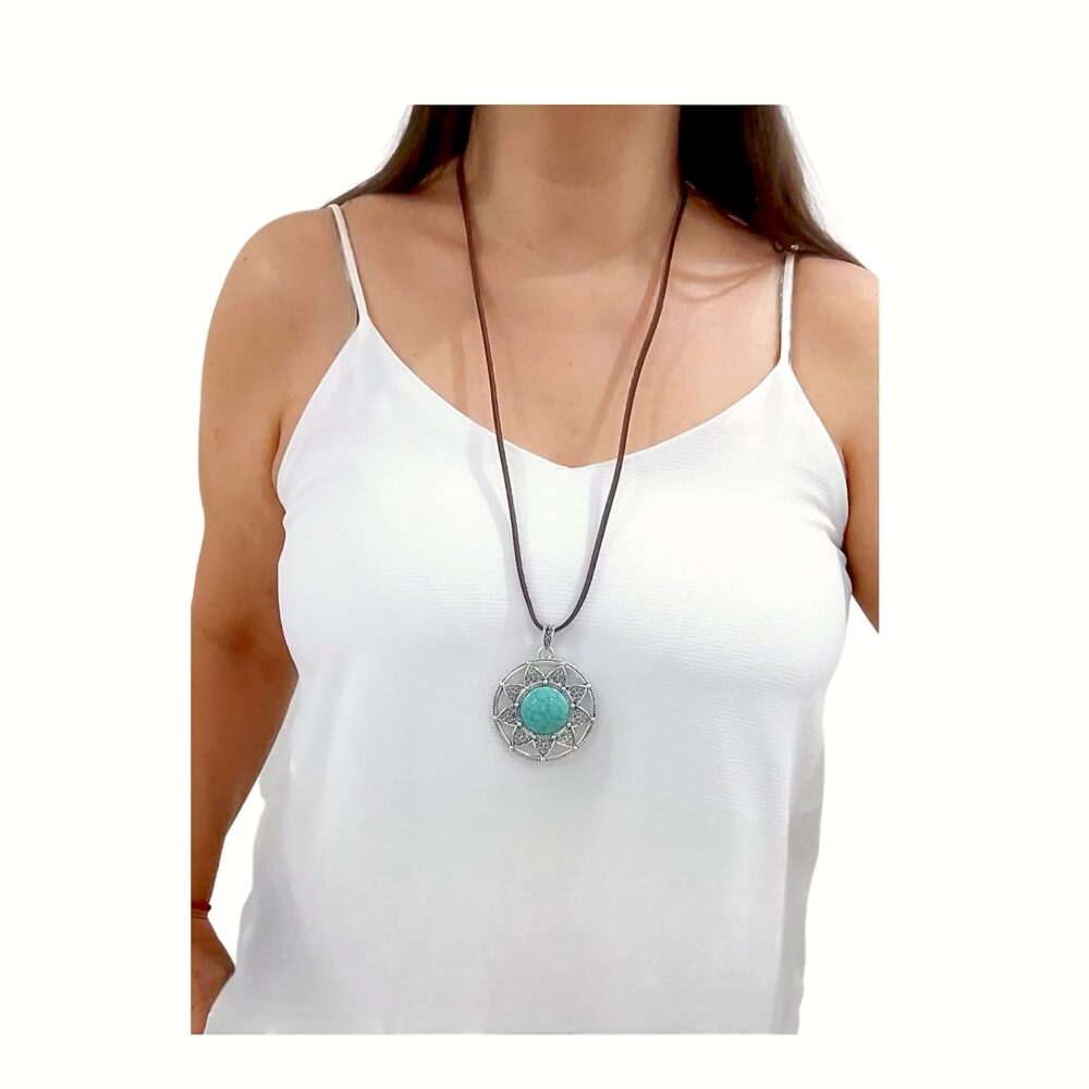 Long Leather Necklace for women. Brown Pu leather necklace with faux turquoise pendant. Light large Statement. Vintage necklace. Bohemian Handmade Jewelry BALOOLA (Sunflower) - Image 6