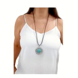 Long Leather Necklace for women. Brown Pu leather necklace with faux turquoise pendant. Light large Statement. Vintage necklace. Bohemian Handmade Jewelry BALOOLA (Sunflower) - Image 6