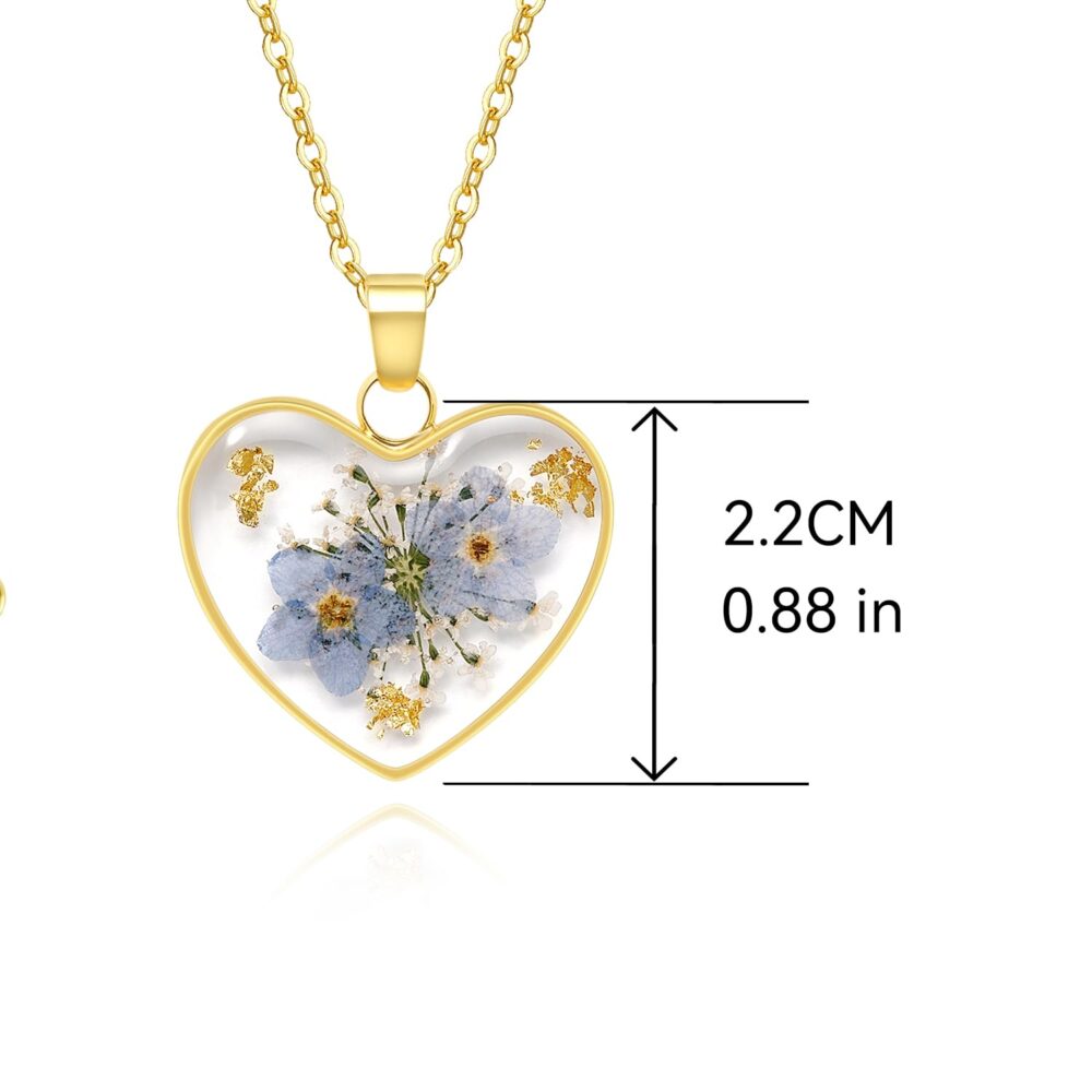 Handmade Pressed Flower Heart Necklace - Forget Me Not & Queen Anne's Lace Wildflower - Symbolizes True Love & Respect - Gold | 18 - Image 5