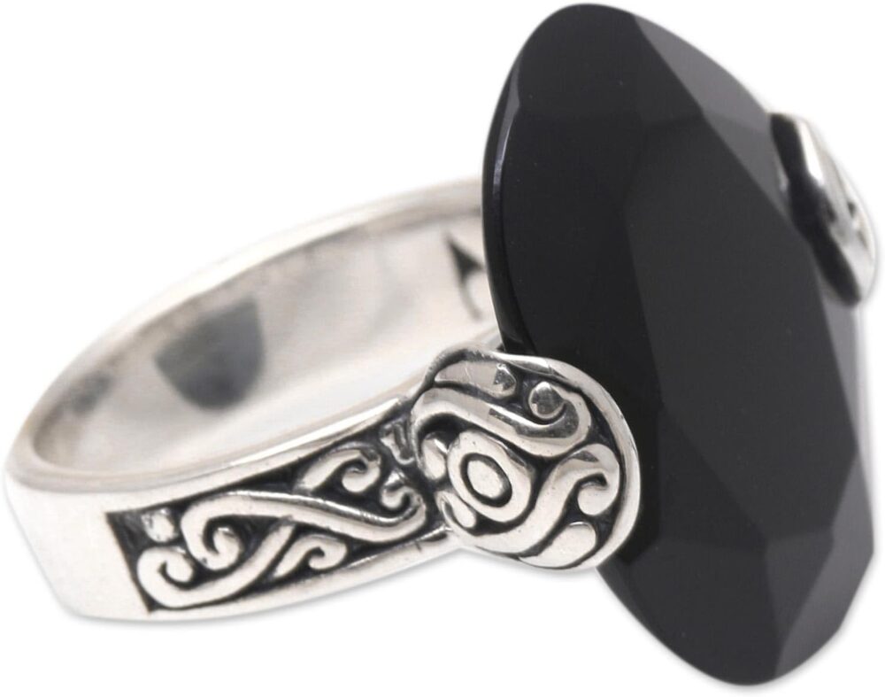 NOVICA Artisan Handmade Onyx Cocktail Ring Oval .925 Sterling Silver from Bali Red Single Stone Indonesia Birthstone 'Mysterious Oval'