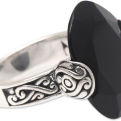 NOVICA Artisan Handmade Onyx Cocktail Ring Oval .925 Sterling Silver from Bali Red Single Stone Indonesia Birthstone 'Mysterious Oval'