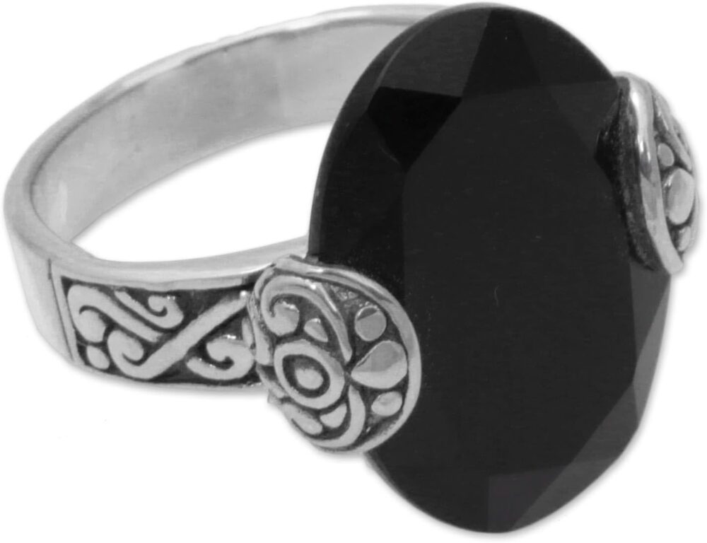 NOVICA Artisan Handmade Onyx Cocktail Ring Oval .925 Sterling Silver from Bali Red Single Stone Indonesia Birthstone 'Mysterious Oval' - Image 5