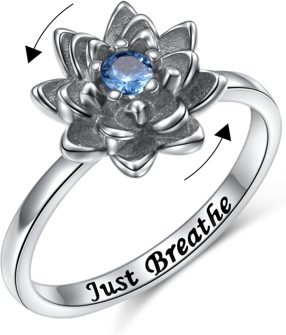 Christmas Gift Just Breathe Lotus Spinner Ring for Women Girls 925 Sterling Silver Oxidation Flower Fidget Rings for Anxiety Stress Relieving ADHD Autism Rings Yoga Gifts Inspirational Band Ring