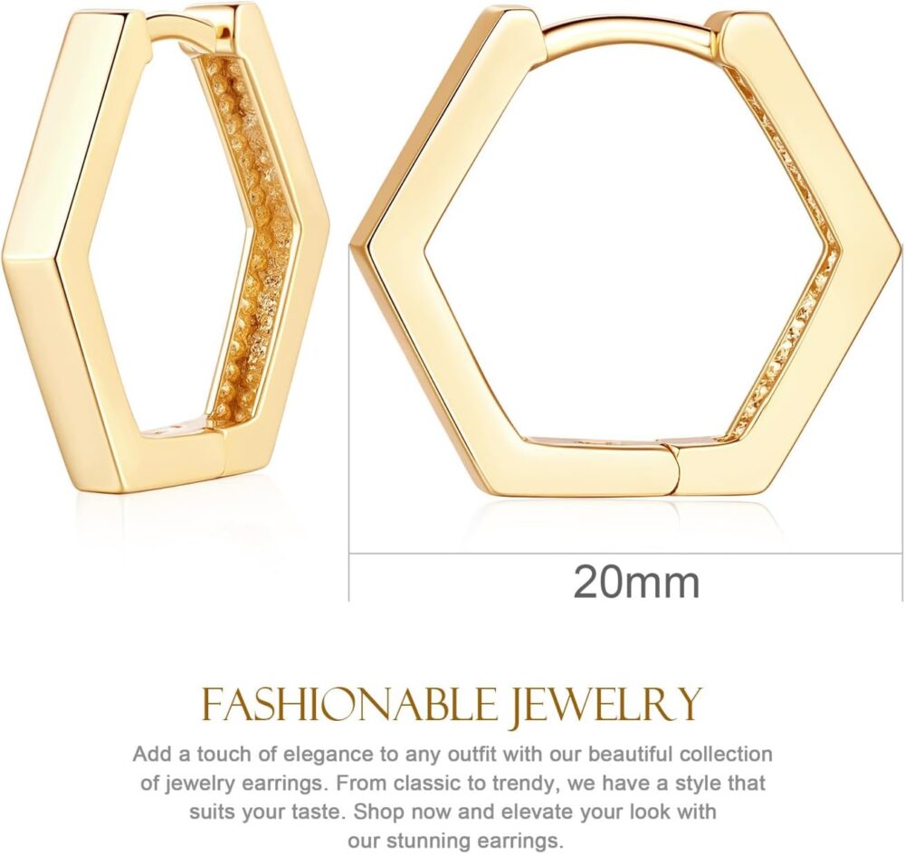 14K Gold Hoop Earrings for Women in Hexagon Styles Delicate Simple Thick Gold Hoop Earrings Allergy-Free Small Gold Hoop Earrings 20mm (gold) - Image 5