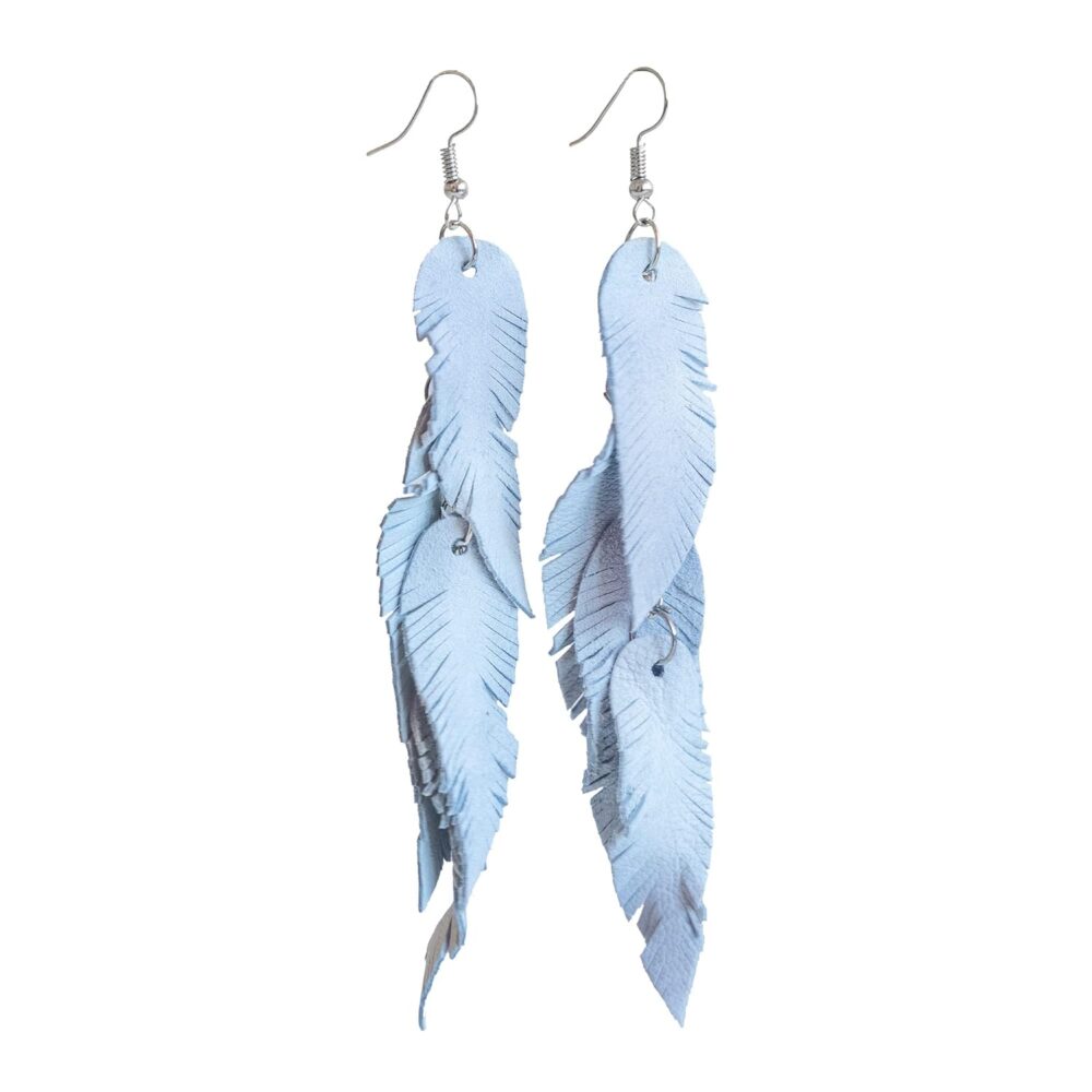 Light blue Long Suede leather Feather Earrings, layered earrings, tribal, Boho, dangle