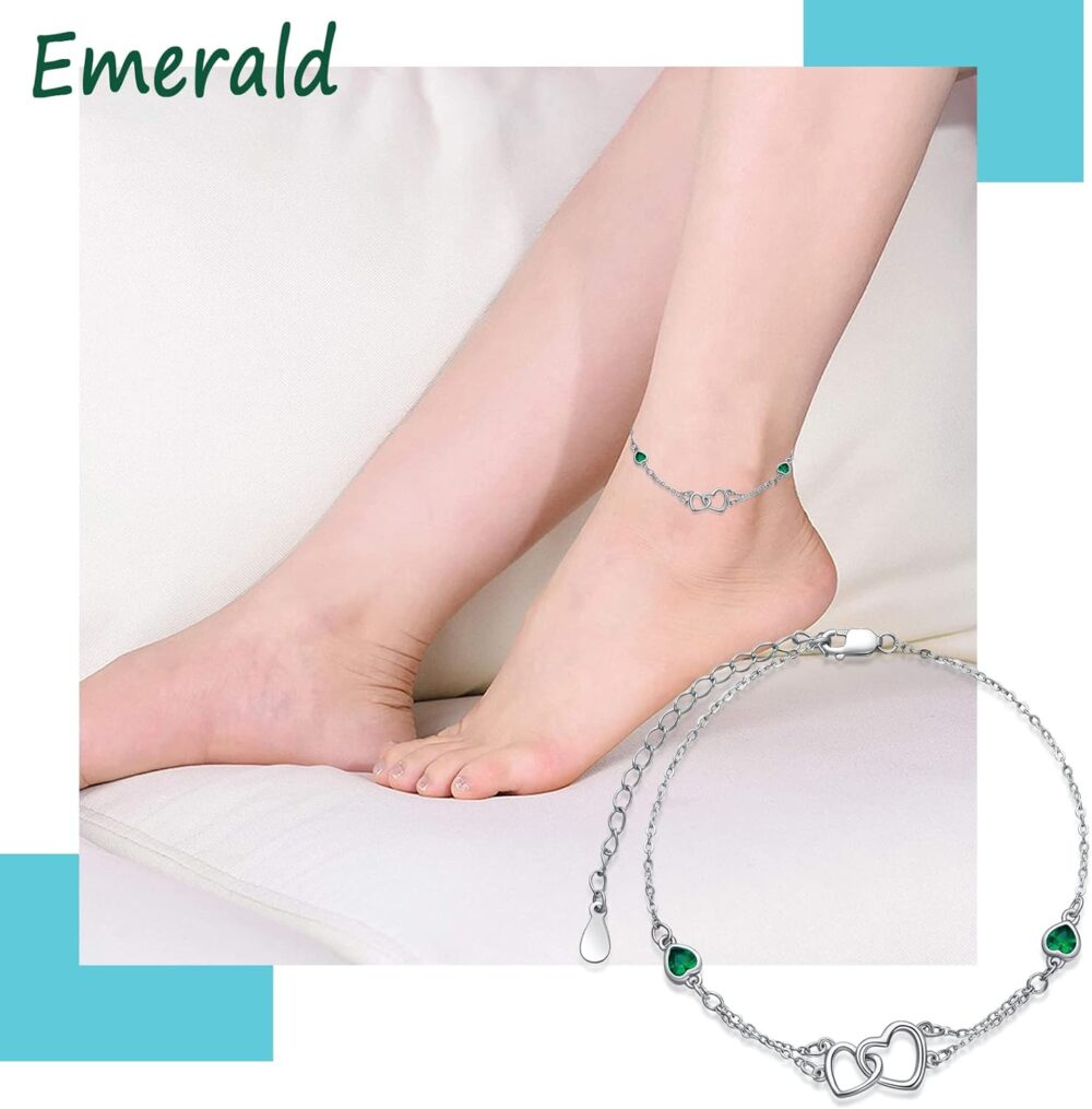 Dorunmo Anklet/Bracelet for Women 925 Sterling Silver Birthstone Jewelry Cubic Zirconia Double Heart Chain Gifts for Mom Wife Friend Bride Valentine's Day Christmas Birthday Mother's Day Gift - Image 4