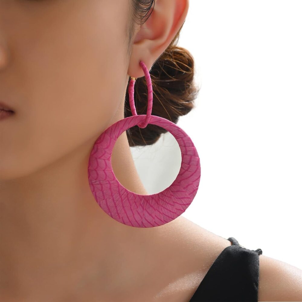 Exclusive Pink Handmade Earrings, Silk Fine Fabric Wrapped Hoop Boho Earrings for Women, Bohemian Style Exaggerated Loop Earrings, Drop And Dangle Earring, Bright, Flamboyant