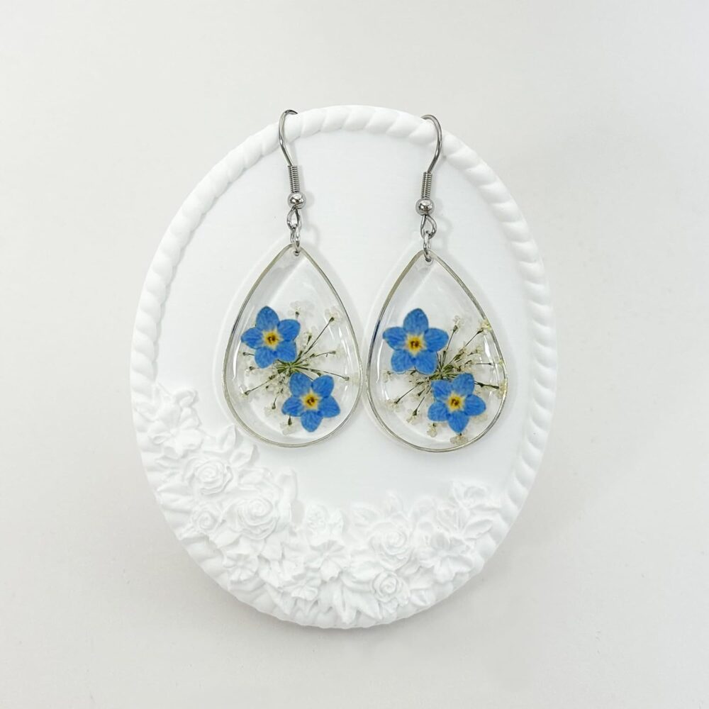 Jayden Forget-Me-Not and Queen Anne's Lace Pressed Flower Earrings,Unique,Personalized Earrings, Bohemian earrings, Drop Dangle Earring For Women Girls, a great gift - Silver - Image 3