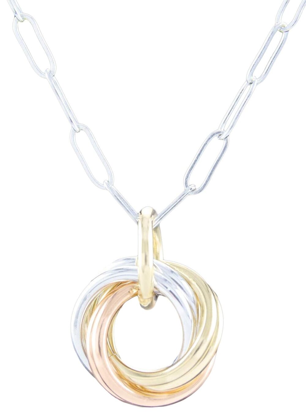 Dainty Tricolor Love Knot Pendant Necklace with 925 Sterling Silver and 14K Yellow and Rose Gold-Filled Circles Everyday Jewelry Gift Idea for Women - 20"