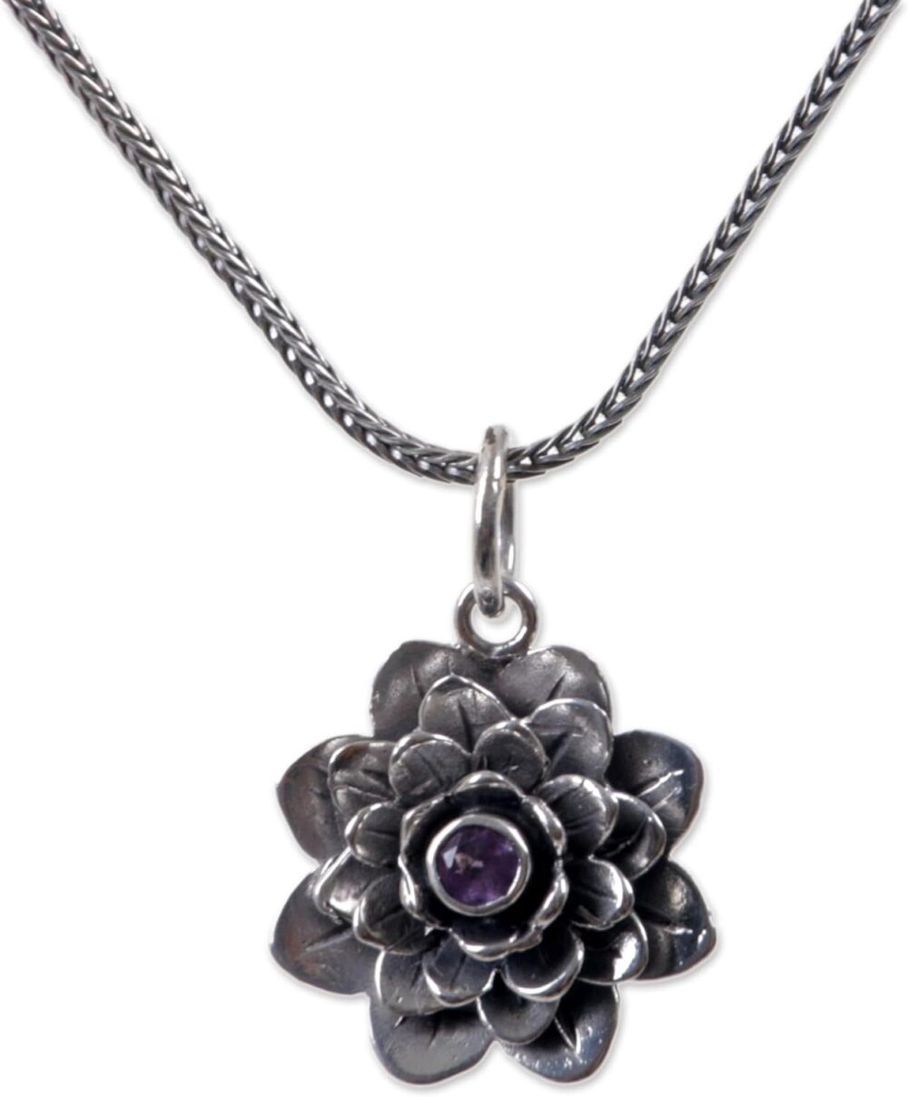 Handmade Amethyst Flower Necklace: Sterling Silver Purple Pendant