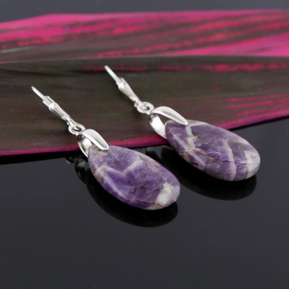 Solid 925 Sterling Silver Earrings, Natural Chevron Amethyst Gemstones Earrings for Women, Tear Drops, Birthstones, Bohemian Handmade Elegant Statement Jewelry, Wedding, Christmas Gifts - Image 2