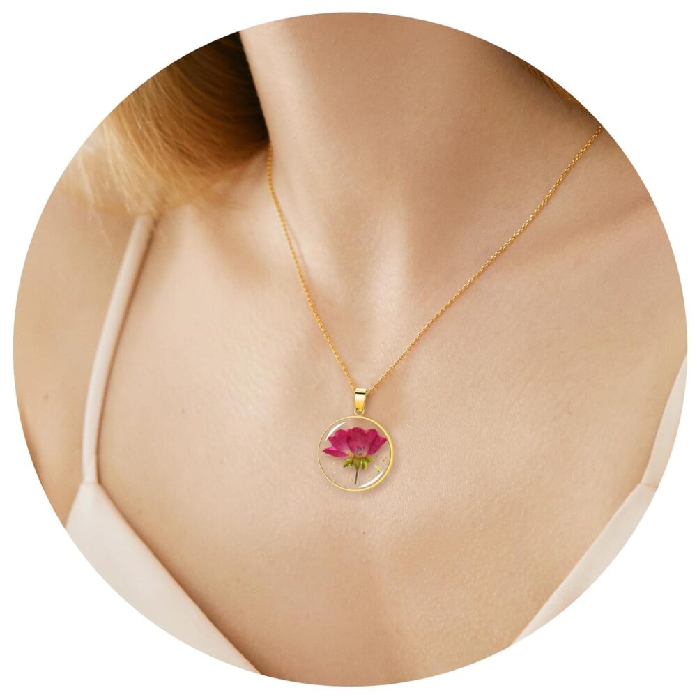 Rose Pressed Flower Necklace, Personalized Gold Handmade Necklace, June Birth Flower Necklace for Women, Unique Resin Flower Necklace, Valentine’s Day Gift - Image 3